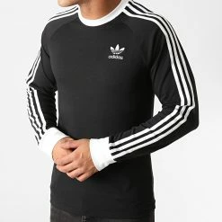 Promo ❤️ Tee 👕 Shirt Manches Longues A Bandes 3 Stripes GN3478 Noir de Adidas Originals 🎉