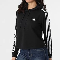Sortie 😉 Sweat Capuche Crop Femme A Bandes GM5582 Noir de Adidas Performance 🎁