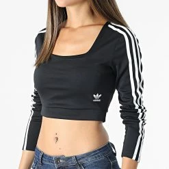 De gros 👍 Tee 👕 Shirt Manches Longues Crop Femme A Bandes H37765 Noir de Adidas Originals 👍