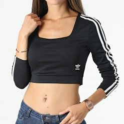 De gros 👍 Tee 👕 Shirt Manches Longues Crop Femme A Bandes H37765 Noir de Adidas Originals 👍 -Pas Cher adidas Magasin adidas 272288 H37765 20210712T144221 03