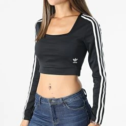De gros 👍 Tee 👕 Shirt Manches Longues Crop Femme A Bandes H37765 Noir de Adidas Originals 👍 -Pas Cher adidas Magasin adidas 272288 H37765 20210712T144225 05