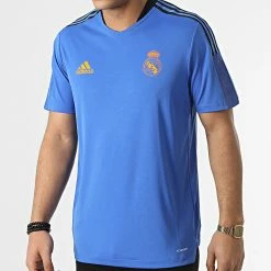 Nouveau 👍 Tee 👕 Shirt De Sport A Bandes Real Madrid HA2585 Bleu de Adidas Performance 🎁