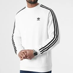 Bon marché ❤️ Sweat Crewneck A Bandes HE9483 Blanc de Adidas Originals ⌛