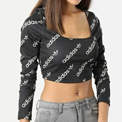 Meilleure vente 🌟 Top Manches Longues Femme Crop HM4894 Noir de Adidas Originals 🔥 -Pas Cher adidas Magasin adidas 298012 HM4894 20220128T155225 05