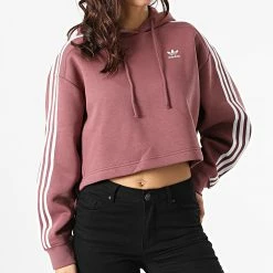 Meilleure vente 🥰 Sweat Capuche Femme Crop A Bandes HC7531 Bordeaux de Adidas Originals 😉 -Pas Cher adidas Magasin adidas 300934 HC7531 20220301T143433 05