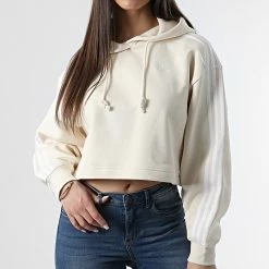 Vente flash 👍 Sweat Capuche Femme Crop HC2018 Beige de Adidas Originals 🔥 -Pas Cher adidas Magasin adidas 308325 HC2018 20220310T160600 03