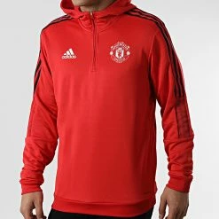 Budget 🧨 Sweat Capuche A Bandes Manchester United FC HC9751 Rouge de Adidas Performance 🛒