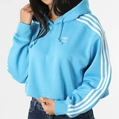 Acheter 🛒 Sweat Capuche Femme Crop A Bandes HC2014 Bleu de Adidas Originals ✔️