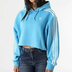 Acheter 🛒 Sweat Capuche Femme Crop A Bandes HC2014 Bleu de Adidas Originals ✔️ -Pas Cher adidas Magasin adidas 313753 HC2014 20220429T160817 03