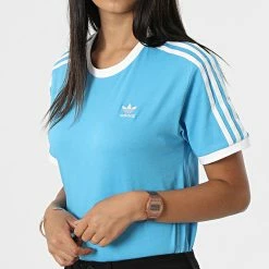 Le moins cher 🌟 Tee 👕 Shirt Femme A Bandes 3 Stripes HC1963 Bleu de Adidas Originals 🧨