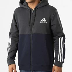 Coupon 👍 Sweat Zippé Capuche A Bandes HK2879 Bleu Marine Gris Anthracite Noir de Adidas Performance 🌟