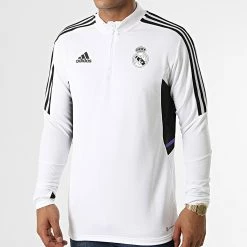 Bon marché 🎉 T-shirt Col Zippé A Manches Longues Real Madrid HA2582 Blanc de Adidas Performance ❤️