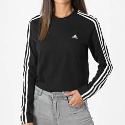 Coupon 🎁 Tee 👚 Shirt Manches Longues Femme 3 Stripes HF7261 Noir de Adidas Performance ✔️