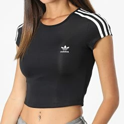 Vente flash 😀 Tee 👚 Shirt Femme Crop A Bandes HM4710 Noir de Adidas Originals 💯