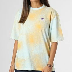 Sortie 😀 Tee 👕 Shirt Large Femme HL6598 Bleu Ciel Jaune de Adidas Originals ✔️