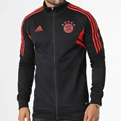 Meilleure affaire 👍 Veste Zippée A Bandes Bayern Munich HI3469 Noir Rouge de adidas 🤩