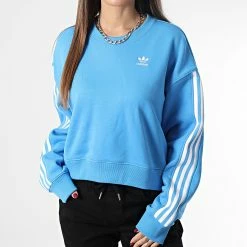 Meilleur prix ✨ Sweat Crewneck A Bandes Femme Crop HN3641 Bleu de Adidas Originals 😉