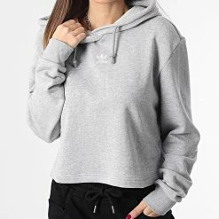 Sortie 🎁 Sweat Capuche Femme Crop HM1835 Gris Chiné de Adidas Originals 🎉