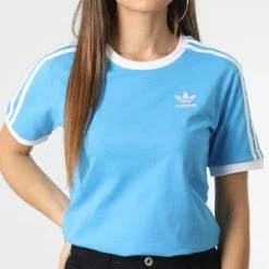 Acheter 🔥 Tee 👕 Shirt A Bandes Femme 3 STripes HL6690 Bleu Ciel de Adidas Originals 🧨 -Pas Cher adidas Magasin adidas 341233 HL6690 20221118T161148 05