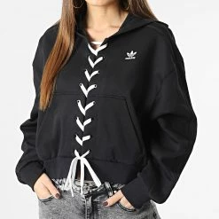 Le moins cher 🌟 Sweat Capuche Crop Femme HK5057 Noir de Adidas Originals 🔥