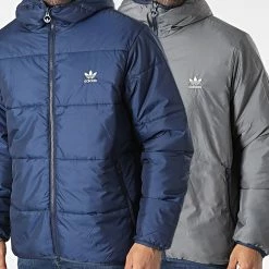Sortie 🛒 Doudoune Capuche Réversible HM2462 Bleu Marine Gris de Adidas Originals 💯
